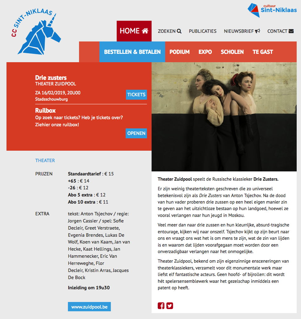 Page Internet. Sint-Niklaas. Theater Zuidpool speelt de Russische klassieker Drie Zusters. 2019-02-16